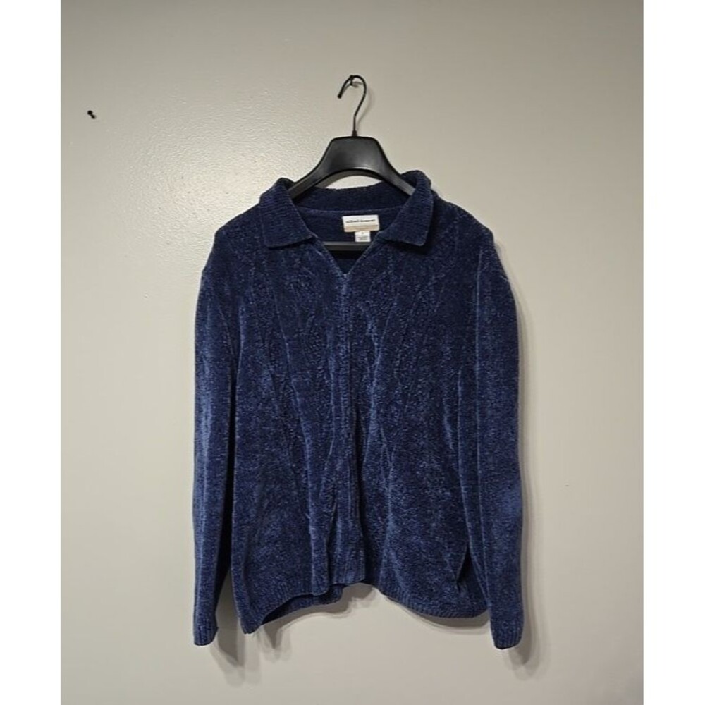 Alfred Dunner 3X Blue Textured Chenille Zip Front Collared Cardigan